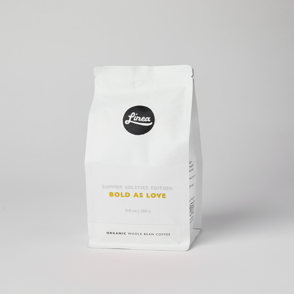 Bold as Love 250 gram package of Linea Caffe's Organic Whole Bean Coffee