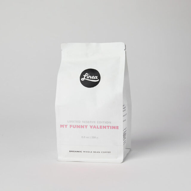 250 gram package of Linea Caffe's My Funny Valentine Organic Whole Bean Coffee