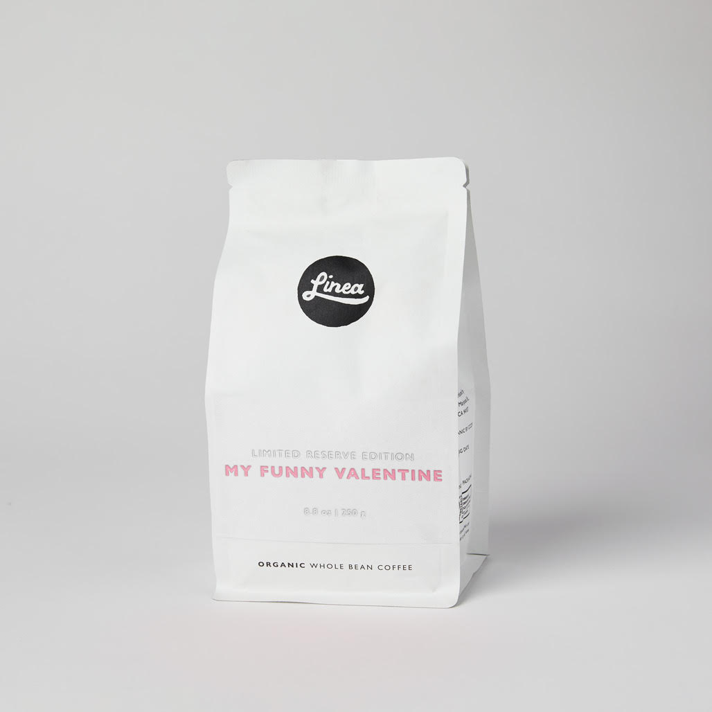 250 gram package of Linea Caffe's My Funny Valentine Organic Whole Bean Coffee